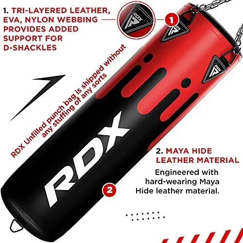 RDX Punching Bag UNFILLED Set Muay Thai Training Gloves with Punch Mitts Hanging Chain, Great for MMA, Kick Boxing, Martial Arts, 4PC Available in 4FT 5FT