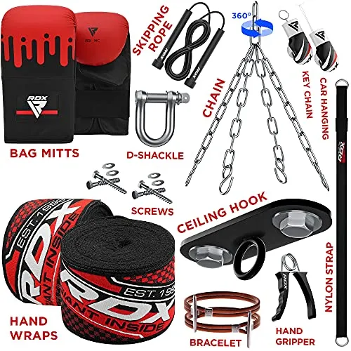 RDX Punching Bag UNFILLED Set Muay Thai Training Gloves with Punch Mitts Hanging Chain, Great for MMA, Kick Boxing, Martial Arts, 4PC Available in 4FT 5FT