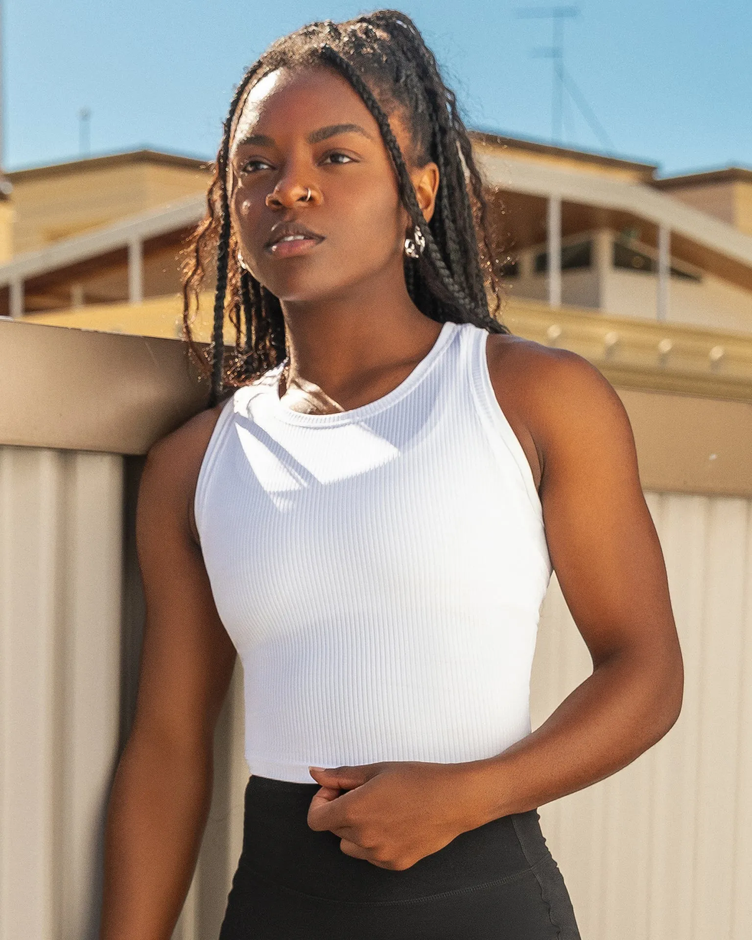 Rib Staple Cropped Tank - White