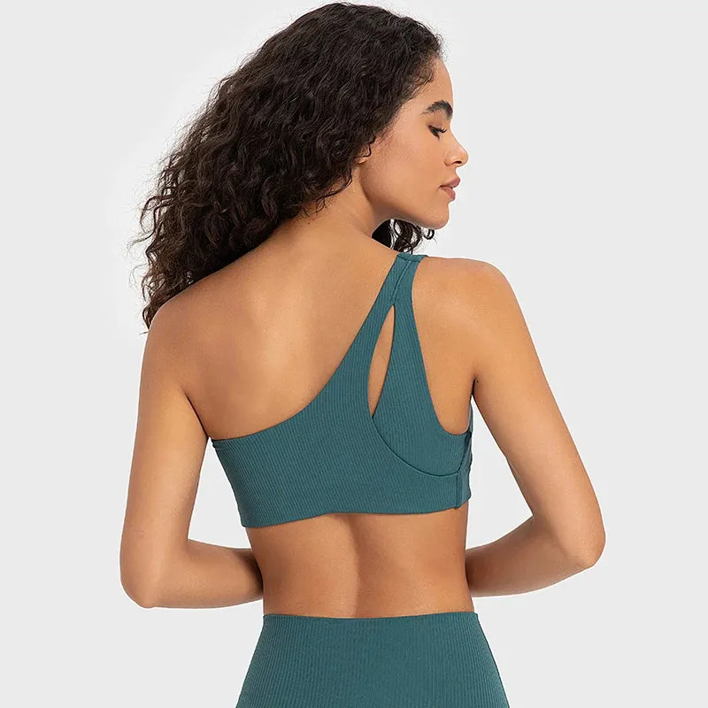 Ribbed One-Shoulder Push-Up Sports Bra for Women