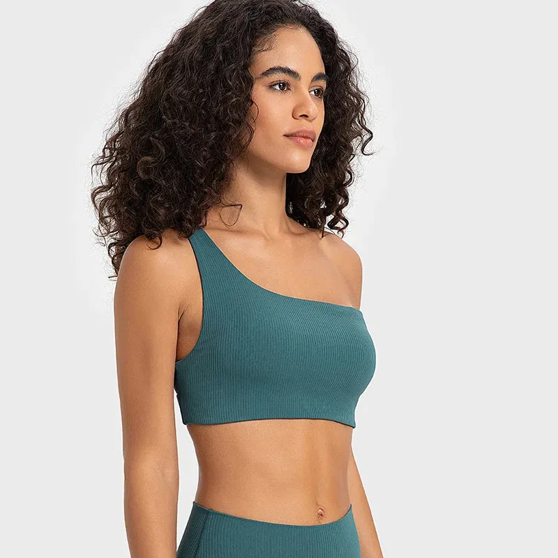 Ribbed One-Shoulder Push-Up Sports Bra for Women