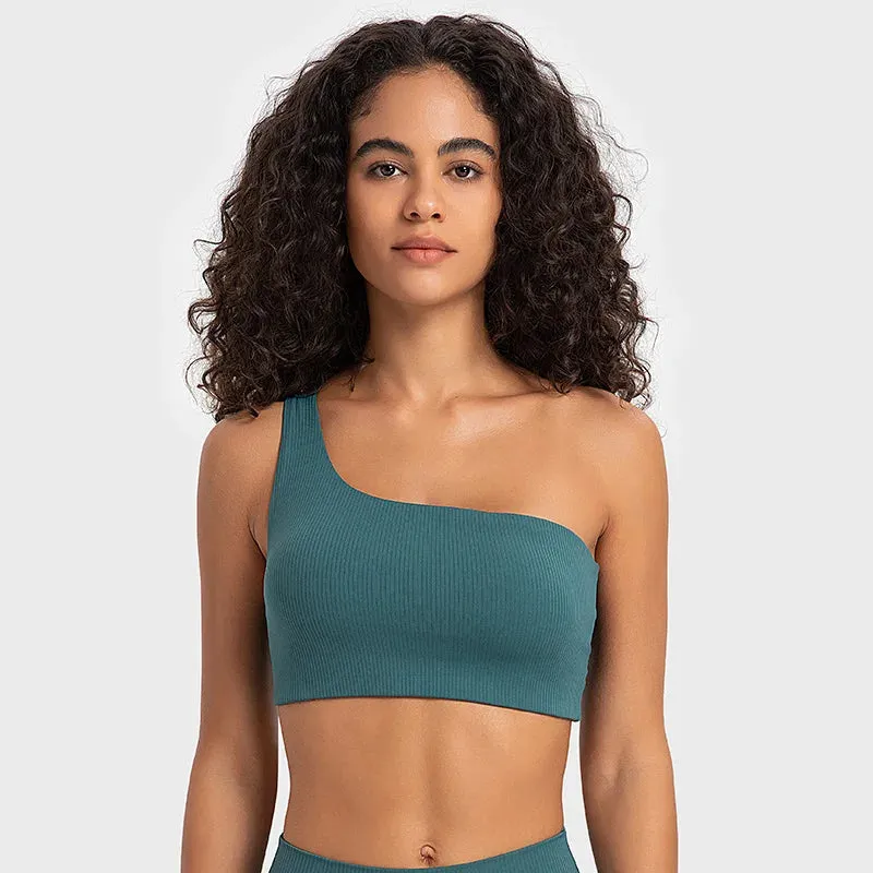 Ribbed One-Shoulder Push-Up Sports Bra for Women