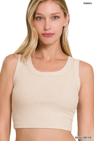 RIBBED SCOOP NECK CROP TANK TOP-SAND BIEGE