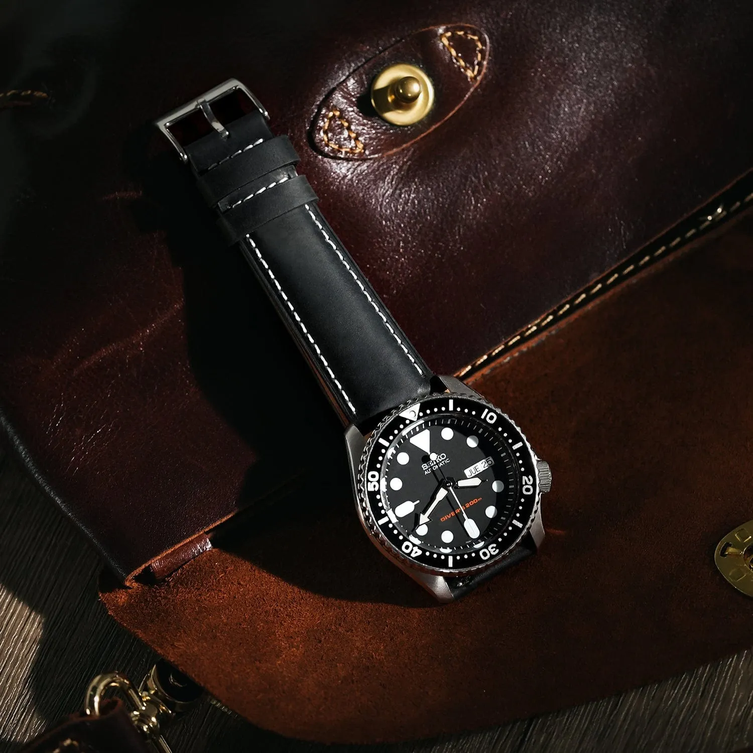 Ritche Classic Black Leather Watch Bands - White Stitching
