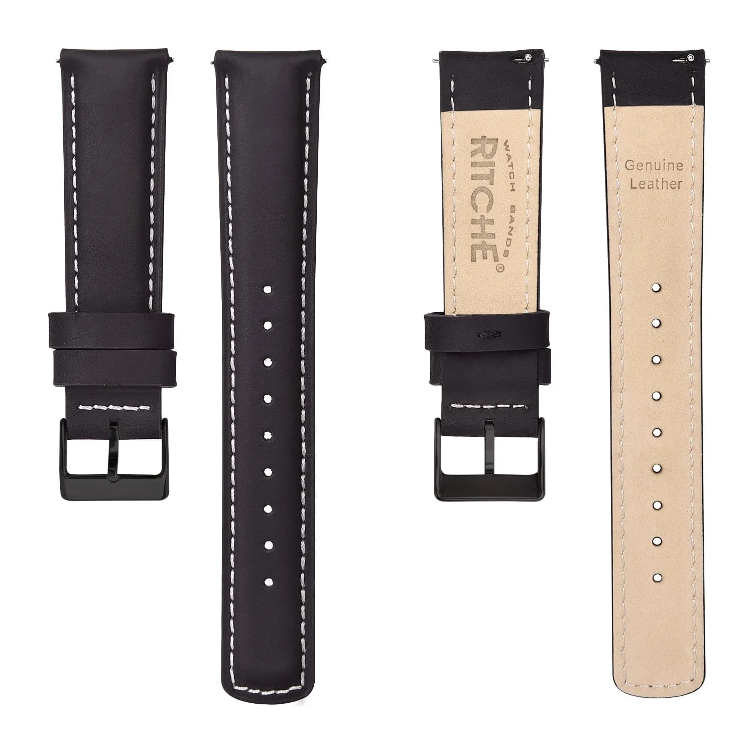 Ritche Classic Black Leather Watch Bands - White Stitching