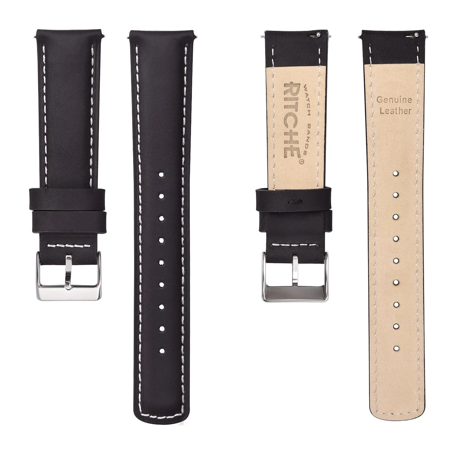 Ritche Classic Black Leather Watch Bands - White Stitching