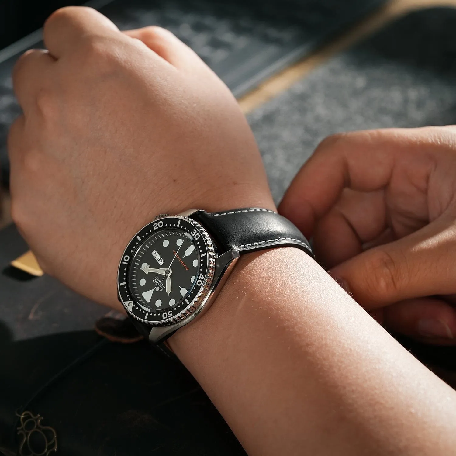 Ritche Classic Black Leather Watch Bands - White Stitching