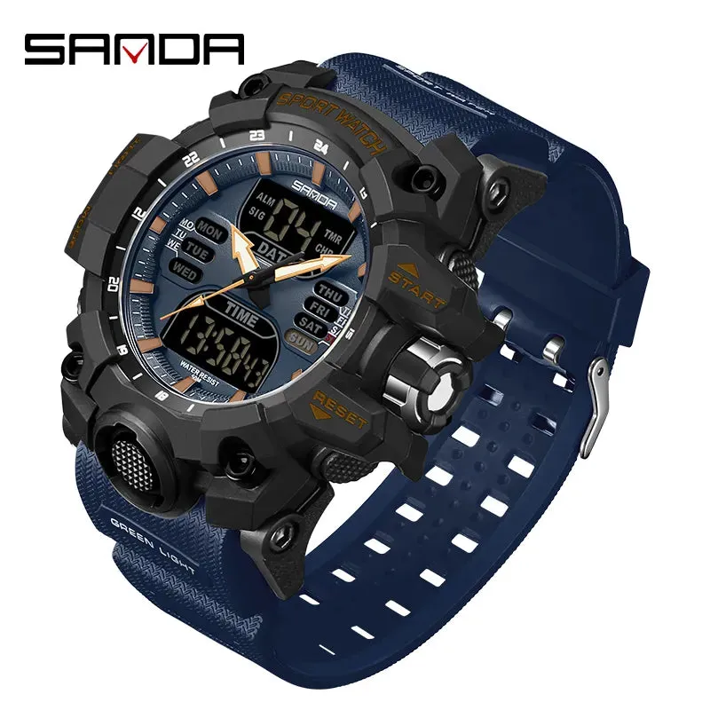 SANDA Dual Display Men Watches Waterproof Sports Watch Military Man Alarm Stopwatch Quartz Wristwatch Male Digital Clock 6126