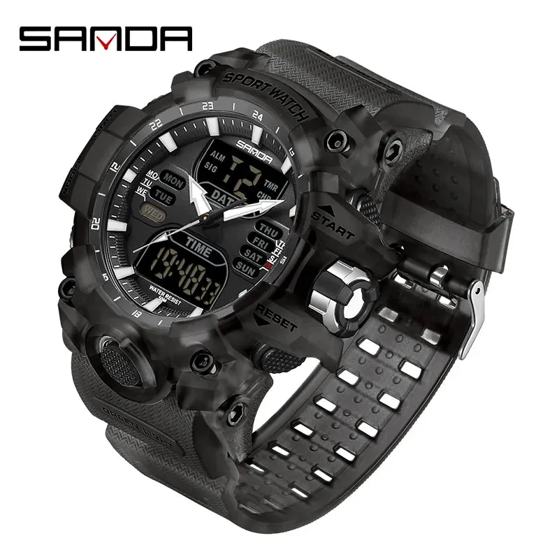 SANDA Dual Display Men Watches Waterproof Sports Watch Military Man Alarm Stopwatch Quartz Wristwatch Male Digital Clock 6126