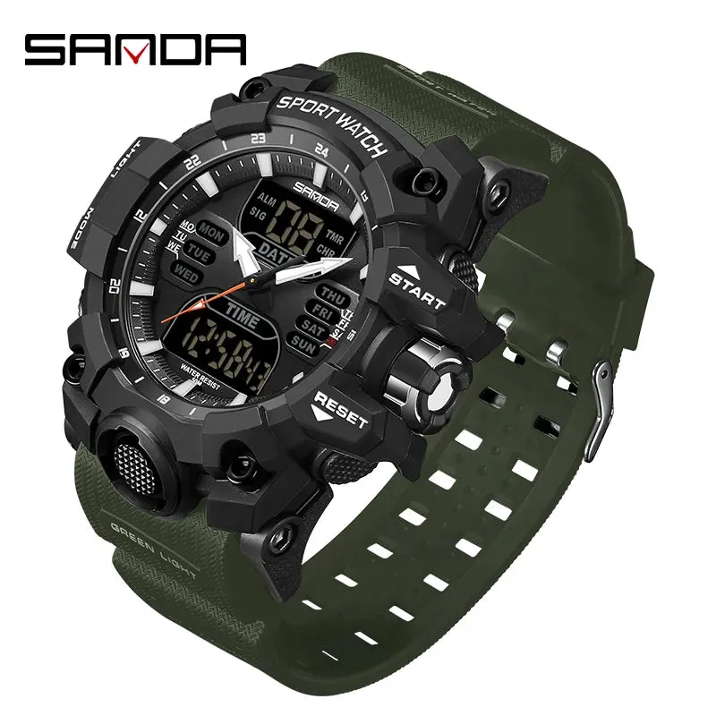 SANDA Dual Display Men Watches Waterproof Sports Watch Military Man Alarm Stopwatch Quartz Wristwatch Male Digital Clock 6126