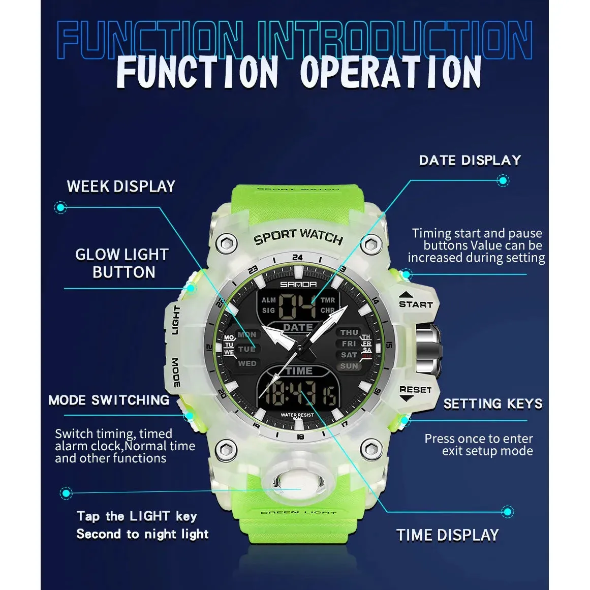 SANDA Dual Display Men Watches Waterproof Sports Watch Military Man Alarm Stopwatch Quartz Wristwatch Male Digital Clock 6126