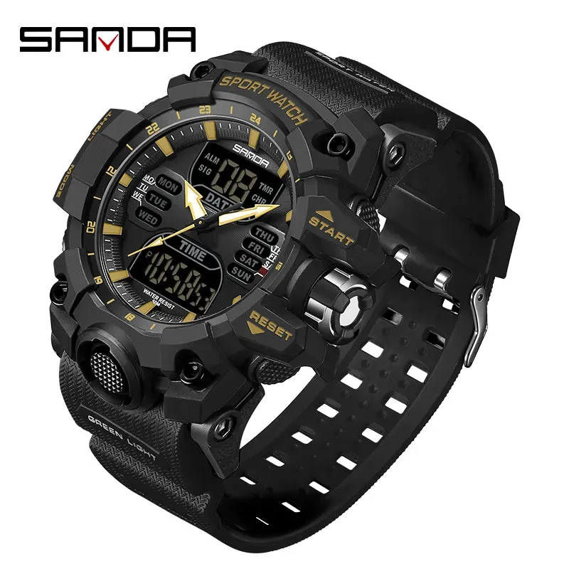 SANDA Dual Display Men Watches Waterproof Sports Watch Military Man Alarm Stopwatch Quartz Wristwatch Male Digital Clock 6126