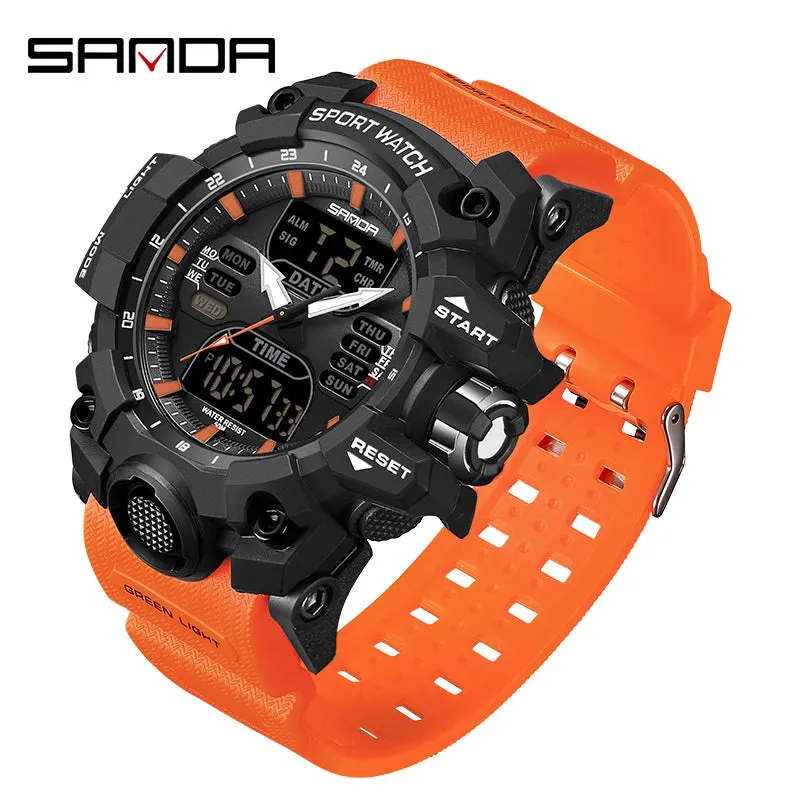 SANDA Dual Display Men Watches Waterproof Sports Watch Military Man Alarm Stopwatch Quartz Wristwatch Male Digital Clock 6126