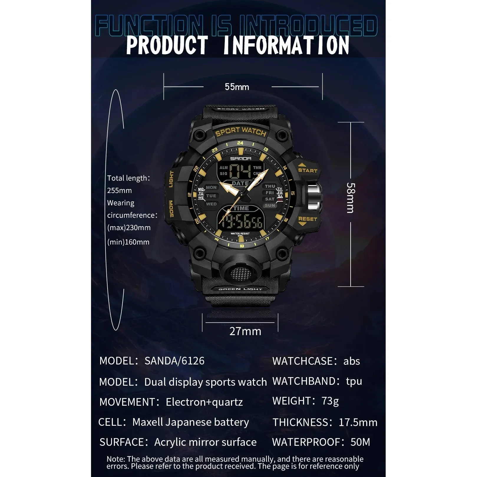SANDA Dual Display Men Watches Waterproof Sports Watch Military Man Alarm Stopwatch Quartz Wristwatch Male Digital Clock 6126