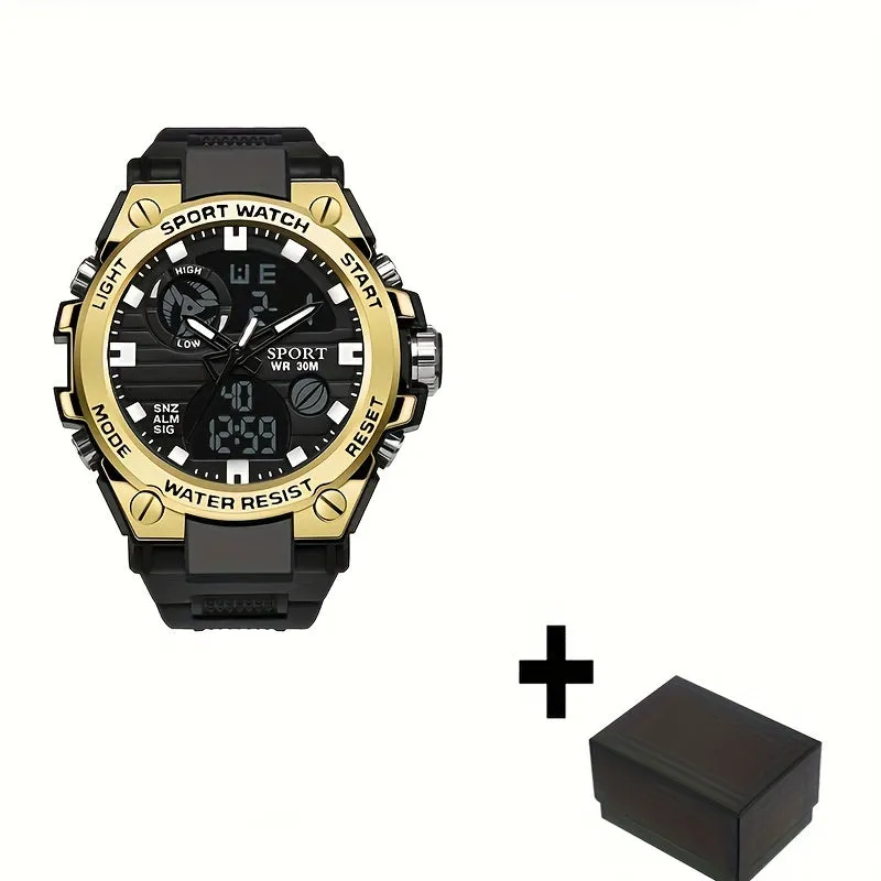 Simple Large Dial Waterproof Calendar Luminous Multi-function Dual Display Watch, Men's Business Sports Outdoor School Supplies Gift FS
