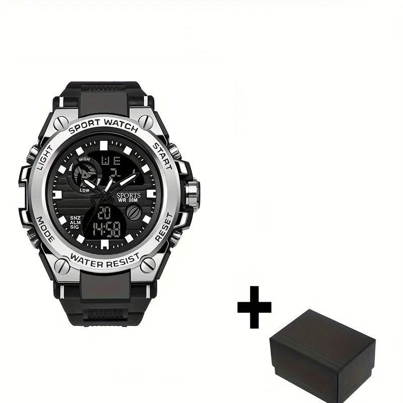 Simple Large Dial Waterproof Calendar Luminous Multi-function Dual Display Watch, Men's Business Sports Outdoor School Supplies Gift FS