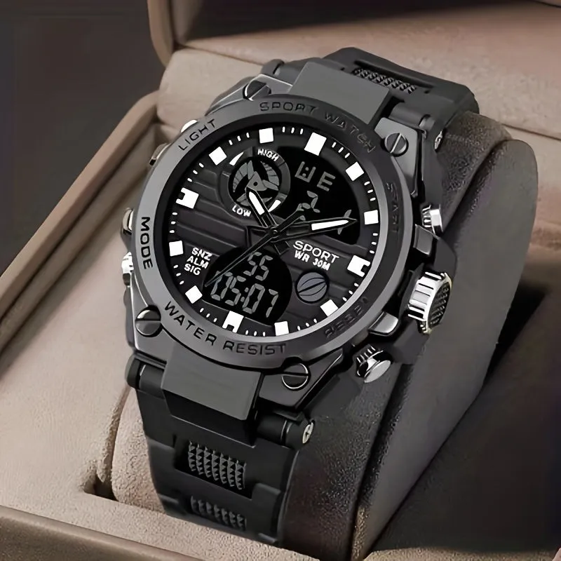 Simple Large Dial Waterproof Calendar Luminous Multi-function Dual Display Watch, Men's Business Sports Outdoor School Supplies Gift FS