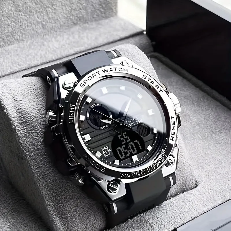 Simple Large Dial Waterproof Calendar Luminous Multi-function Dual Display Watch, Men's Business Sports Outdoor School Supplies Gift FS