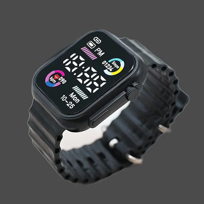 Sleek Digital Sports Watch For Teens & Adults - Square, Multiple Colors Available, Silicone Band, Non-Waterproof FS