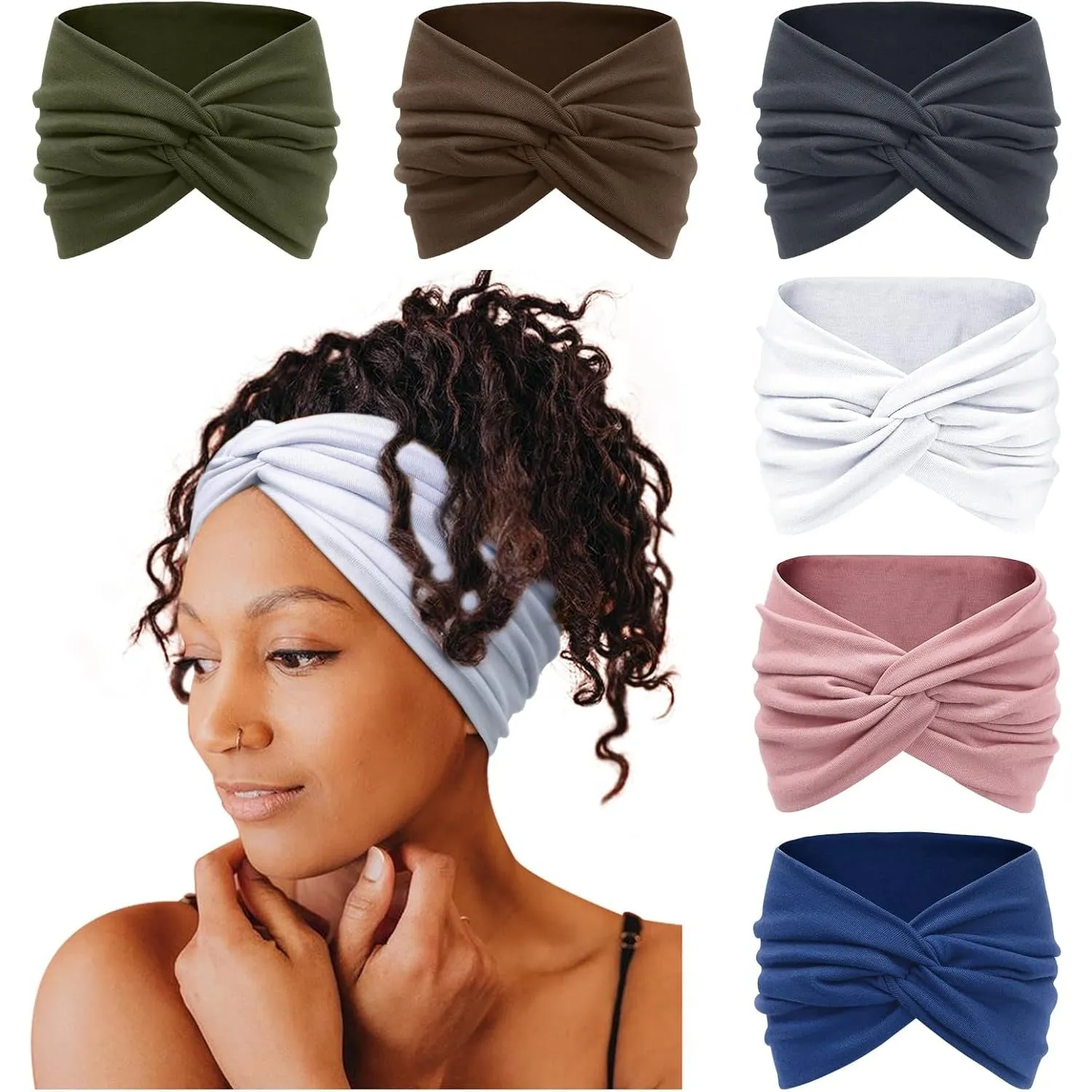 Tobeffect Wide Headbands for Women, 7'' Extra Large Turban Headband Boho Hairband Hair Twisted Knot Accessories, 6 Pack