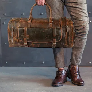 Tuzech Vintage Leather men's Travel Duffle luggage bag with Shoe Pouch,Professional Bag Gym Sports Soft Shell Overnight Weekend Brown Color