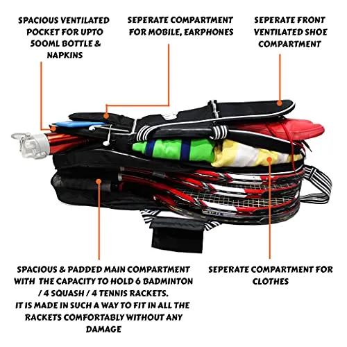 WHACKK Smash Black White Tennis/Squash/Badminton kit Bag (9099), 2XL (9099i)