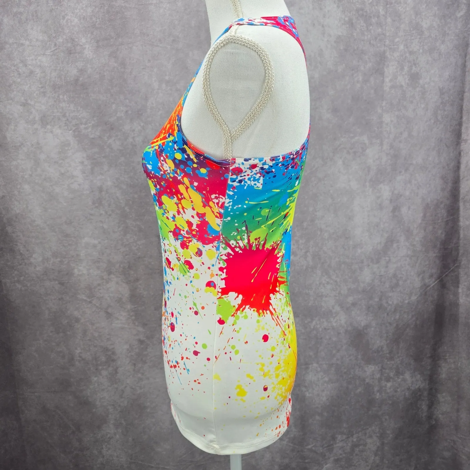 White Racerback Color Blast Activewear Retro Funk Paint Splash Tank Top Small