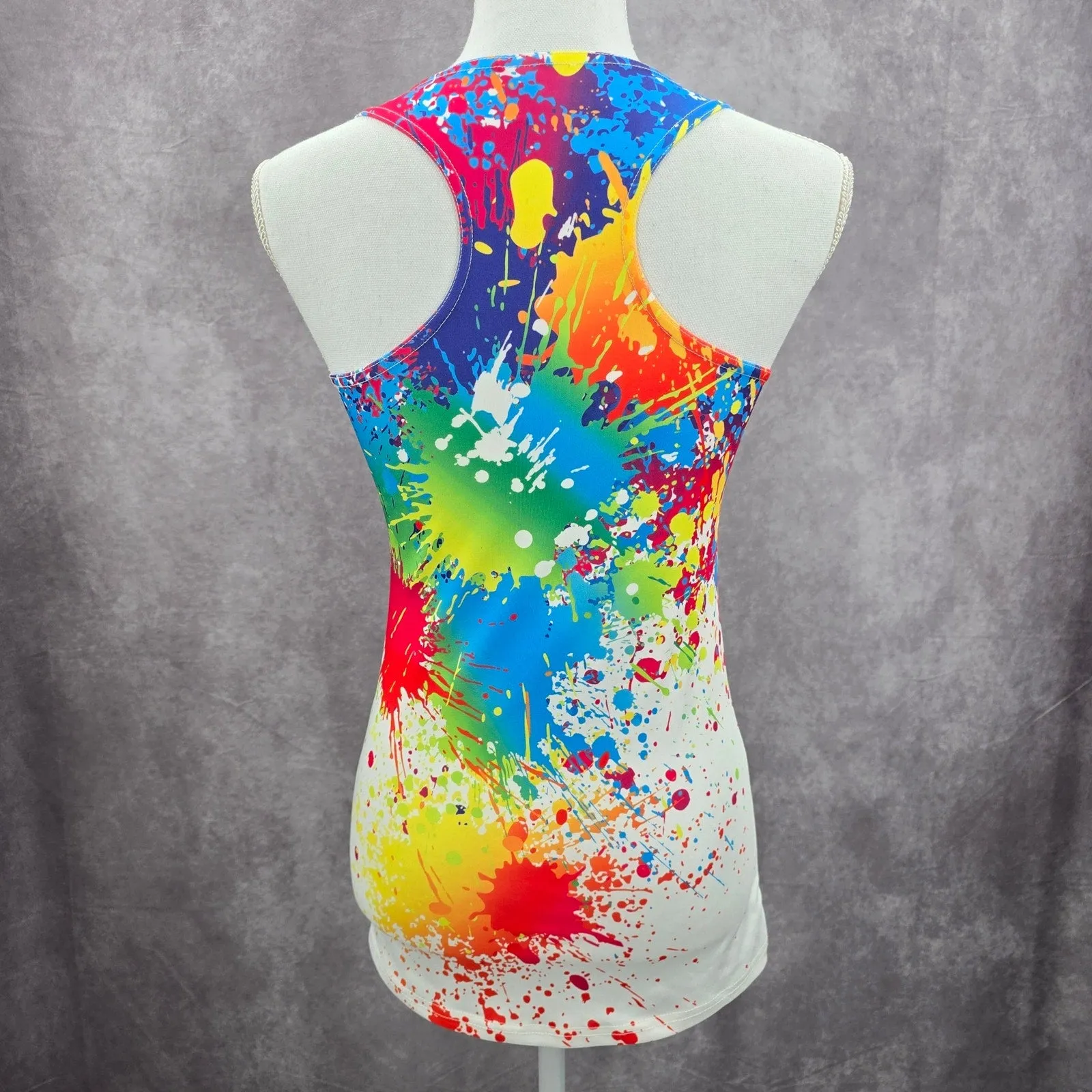 White Racerback Color Blast Activewear Retro Funk Paint Splash Tank Top Small