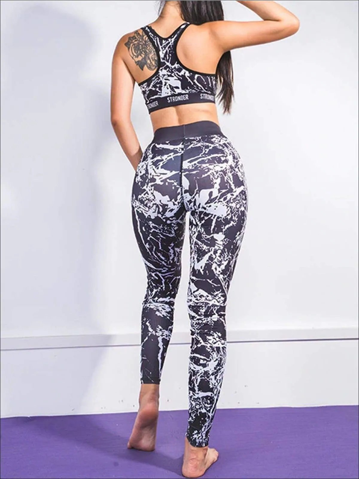 Women's Marble Print Banded Sports Bra & Matching Leggings Set