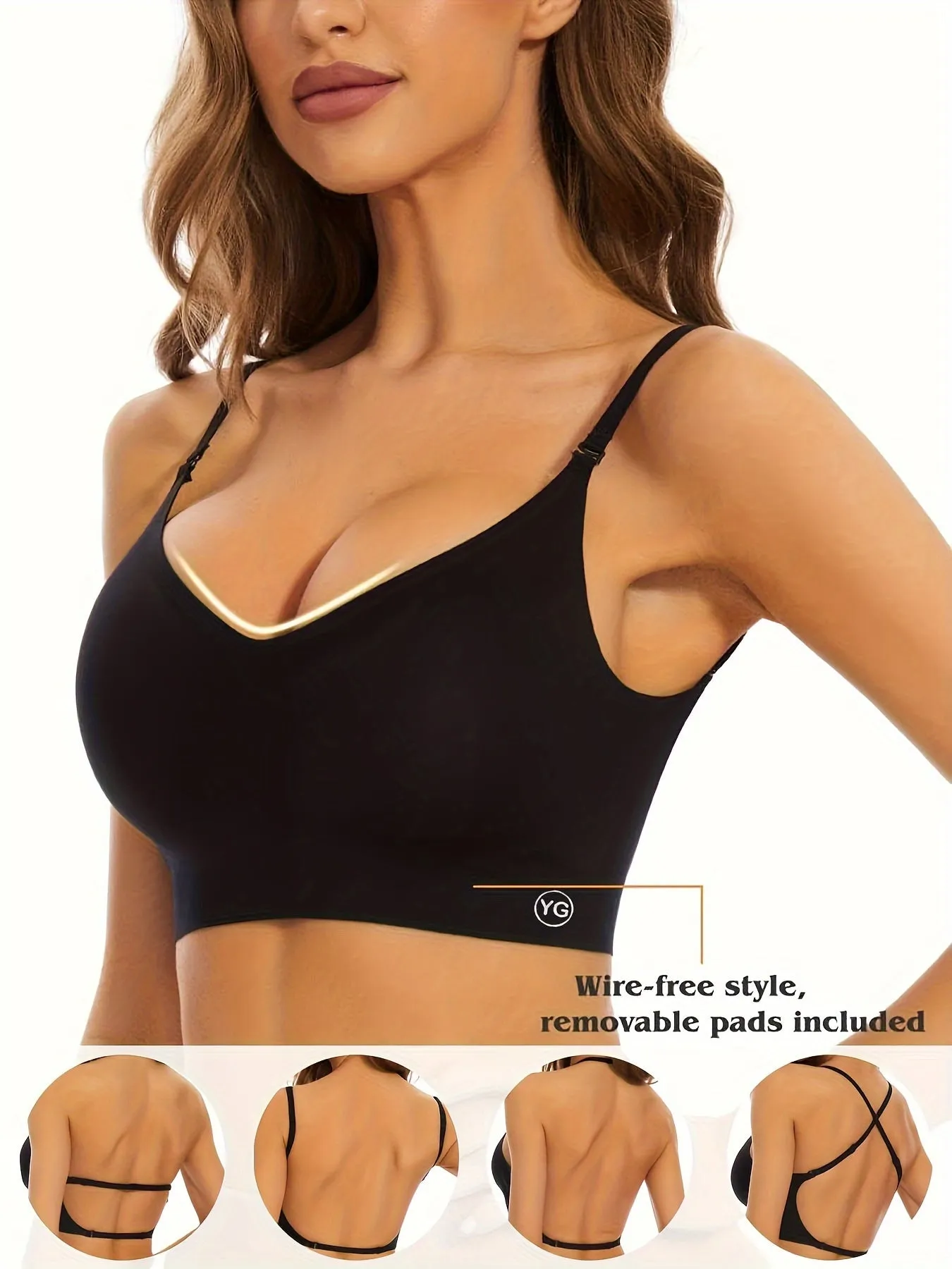 Womens Seamless V-Neck Wireless Sports Bra - Ultra Low-Back Design, Adjustable Fit, Removable Chest Pad, Breathable Medium Stretch Nylon Fabric, Backless, Solid Color, No Printing - Perfect for Active Women