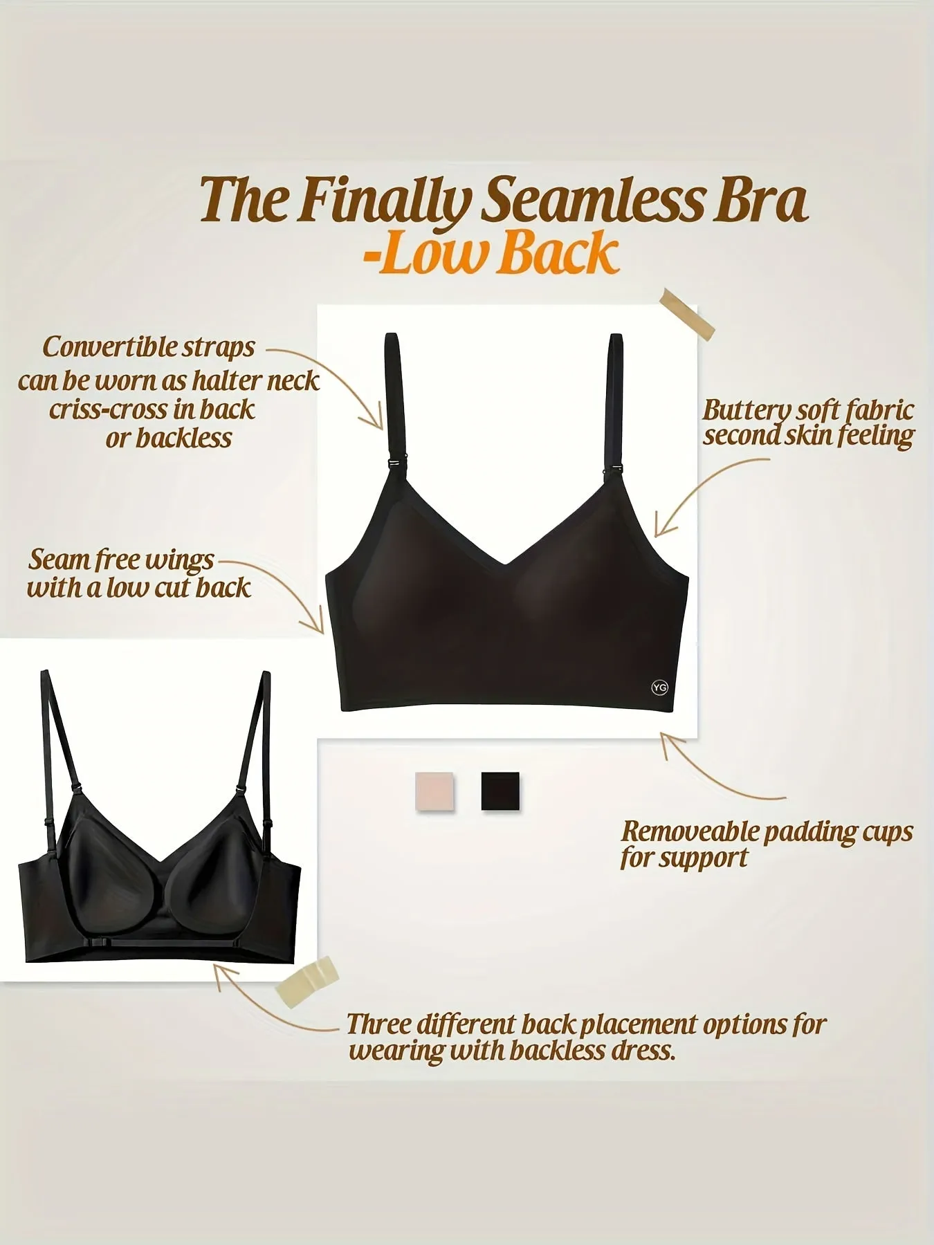 Womens Seamless V-Neck Wireless Sports Bra - Ultra Low-Back Design, Adjustable Fit, Removable Chest Pad, Breathable Medium Stretch Nylon Fabric, Backless, Solid Color, No Printing - Perfect for Active Women