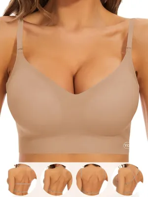 Womens Seamless V-Neck Wireless Sports Bra - Ultra Low-Back Design, Adjustable Fit, Removable Chest Pad, Breathable Medium Stretch Nylon Fabric, Backless, Solid Color, No Printing - Perfect for Active Women