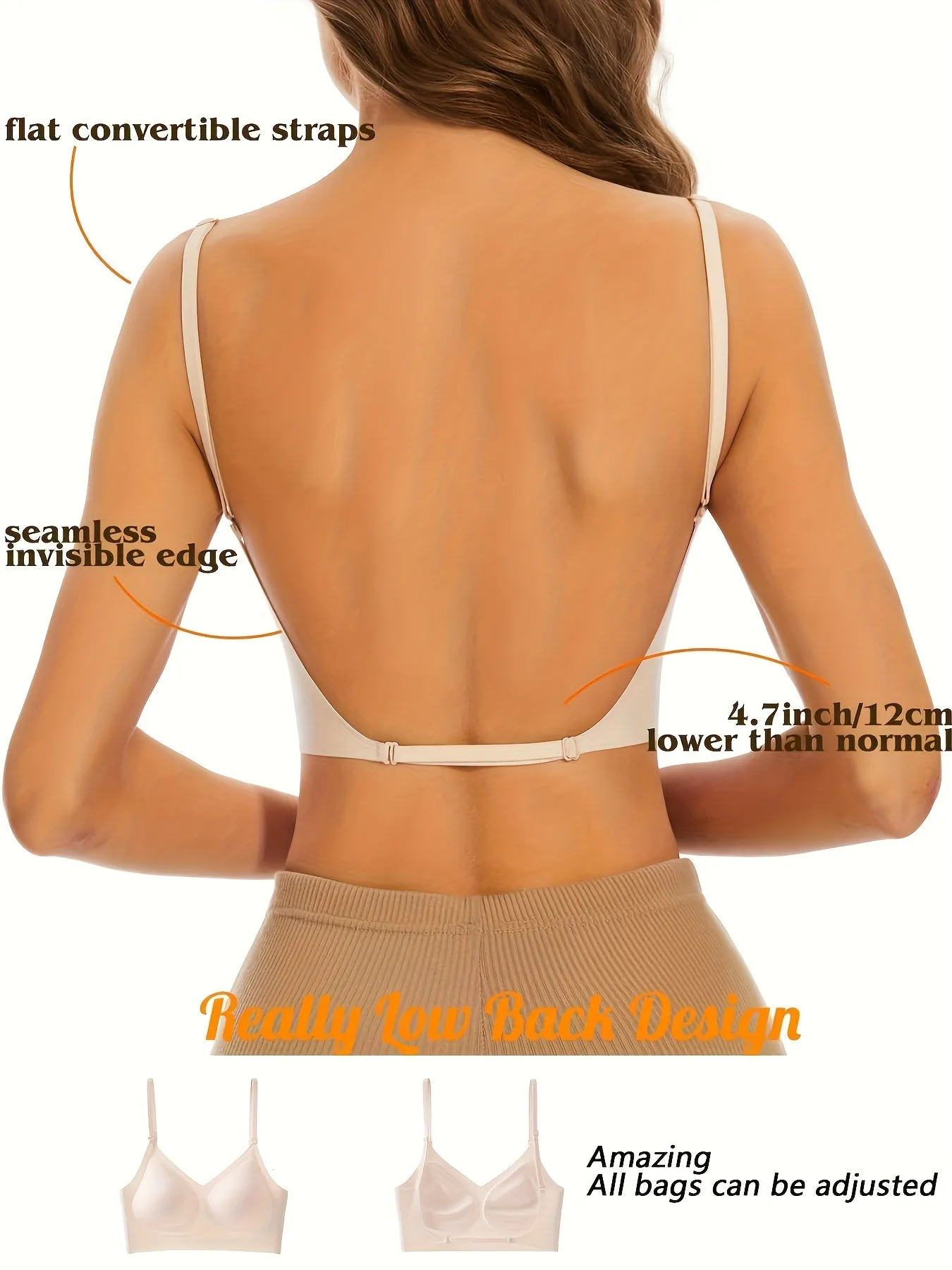 Womens Seamless V-Neck Wireless Sports Bra - Ultra Low-Back Design, Adjustable Fit, Removable Chest Pad, Breathable Medium Stretch Nylon Fabric, Backless, Solid Color, No Printing - Perfect for Active Women