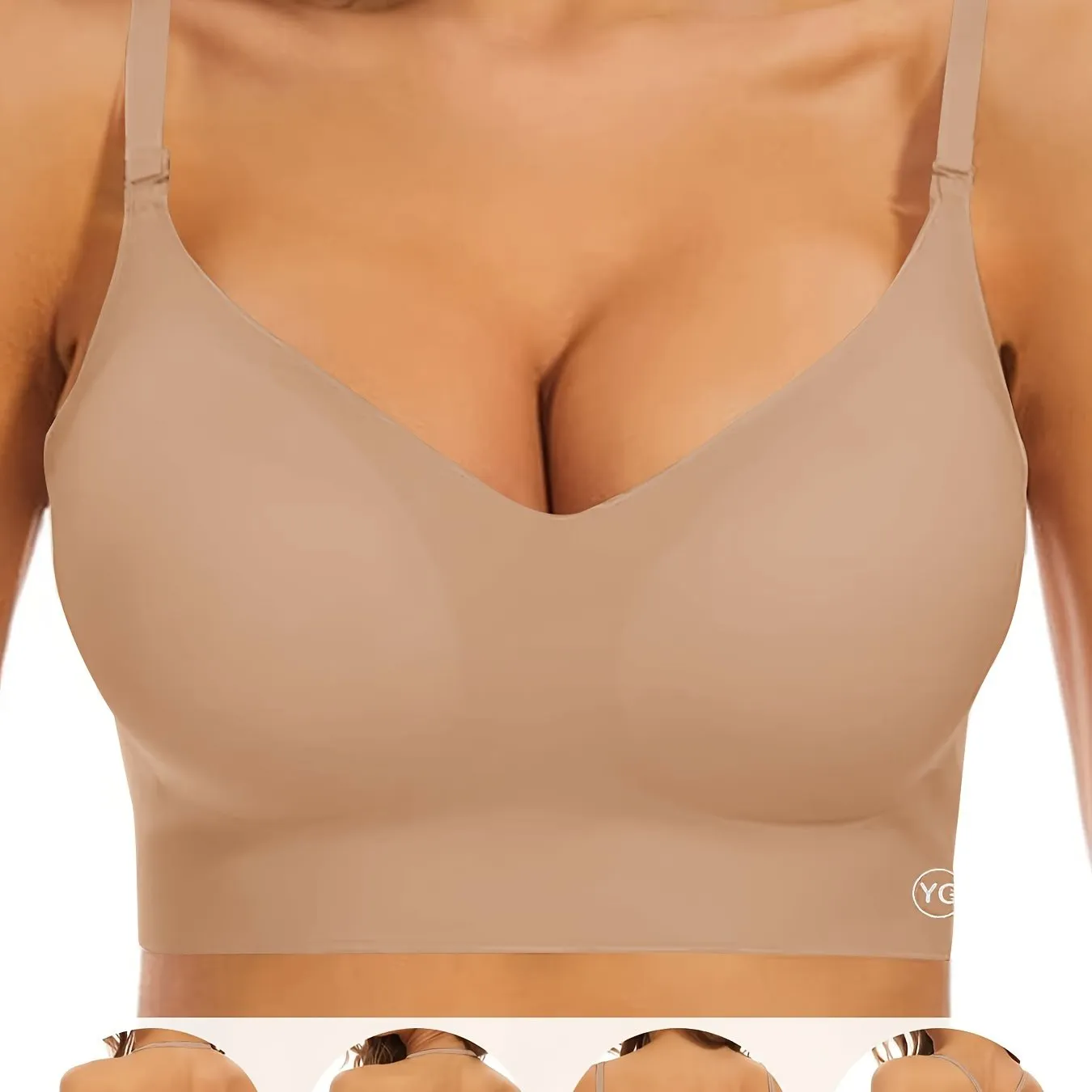 Womens Seamless V-Neck Wireless Sports Bra - Ultra Low-Back Design, Adjustable Fit, Removable Chest Pad, Breathable Medium Stretch Nylon Fabric, Backless, Solid Color, No Printing - Perfect for Active Women