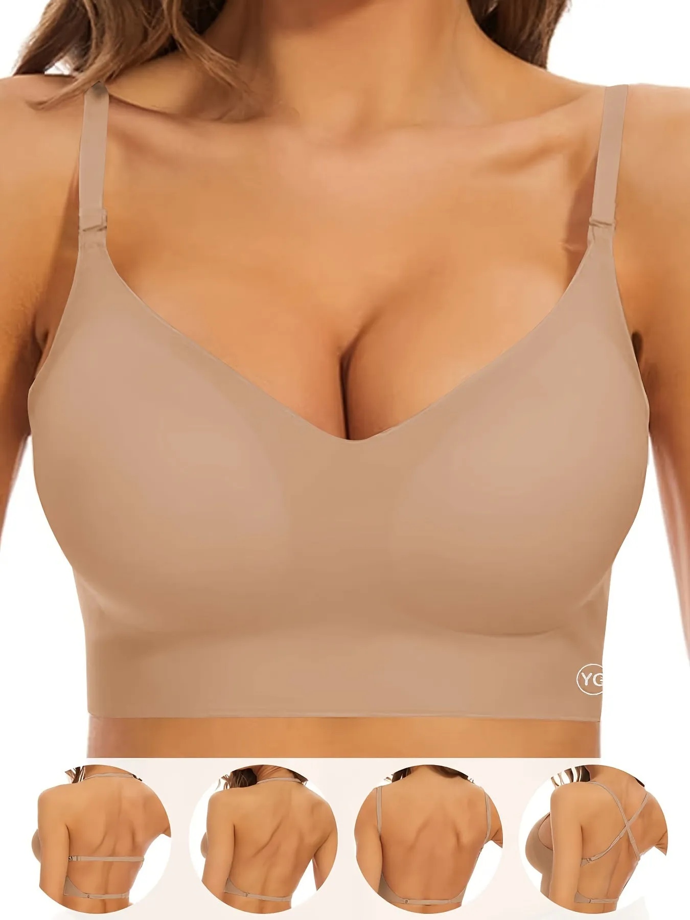 Womens Seamless V-Neck Wireless Sports Bra - Ultra Low-Back Design, Adjustable Fit, Removable Chest Pad, Breathable Medium Stretch Nylon Fabric, Backless, Solid Color, No Printing - Perfect for Active Women