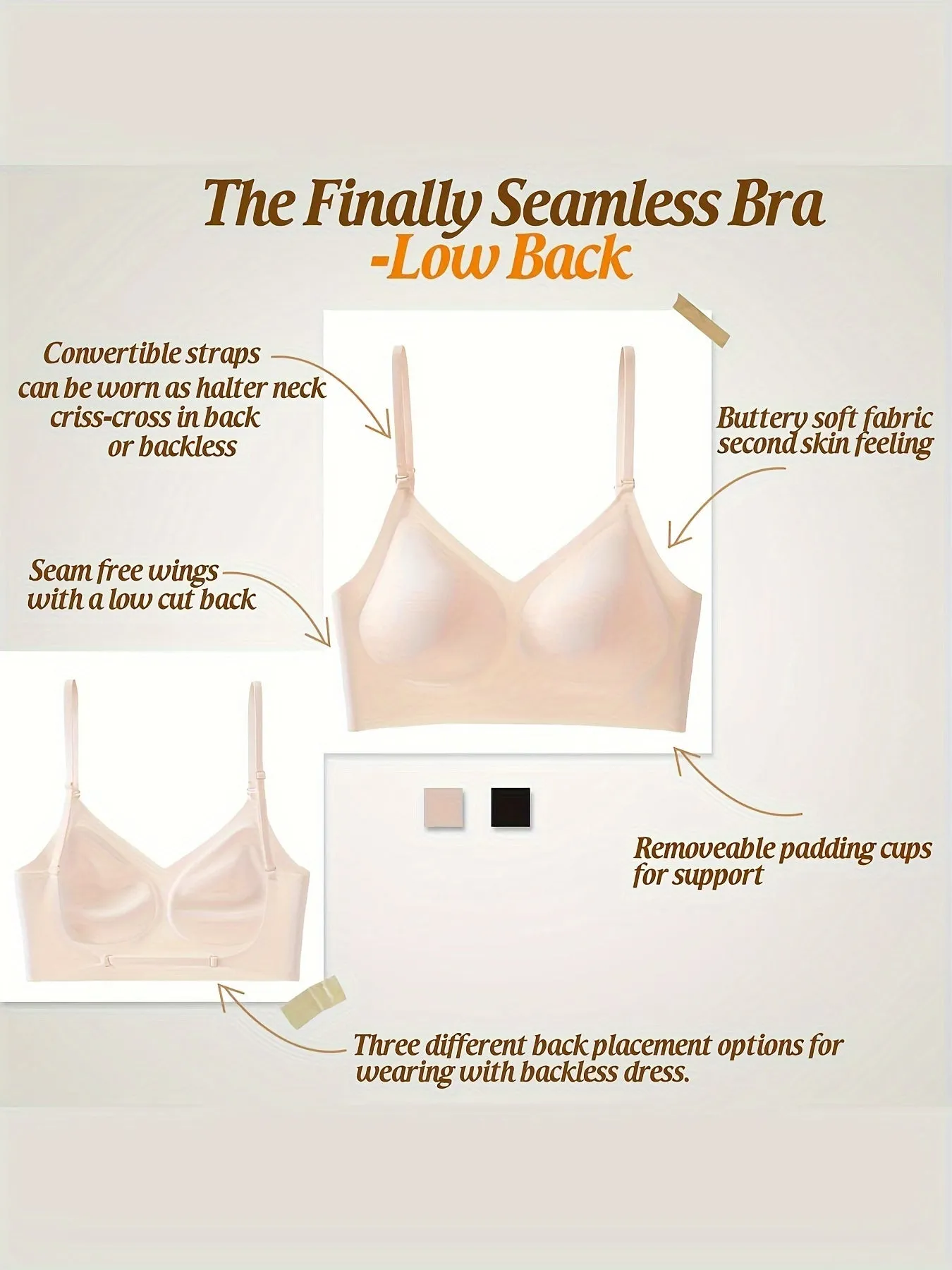 Womens Seamless V-Neck Wireless Sports Bra - Ultra Low-Back Design, Adjustable Fit, Removable Chest Pad, Breathable Medium Stretch Nylon Fabric, Backless, Solid Color, No Printing - Perfect for Active Women