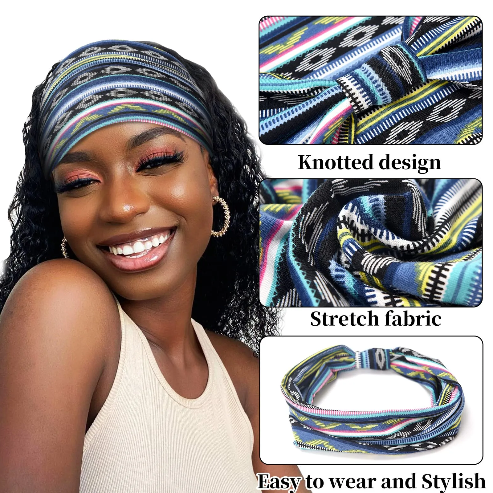 Yeshan Boho Wide Headbands for Women Thick Turban Headbands Large African Headband Sport Yoga Black Stylish Head Wraps,Pack of 6
