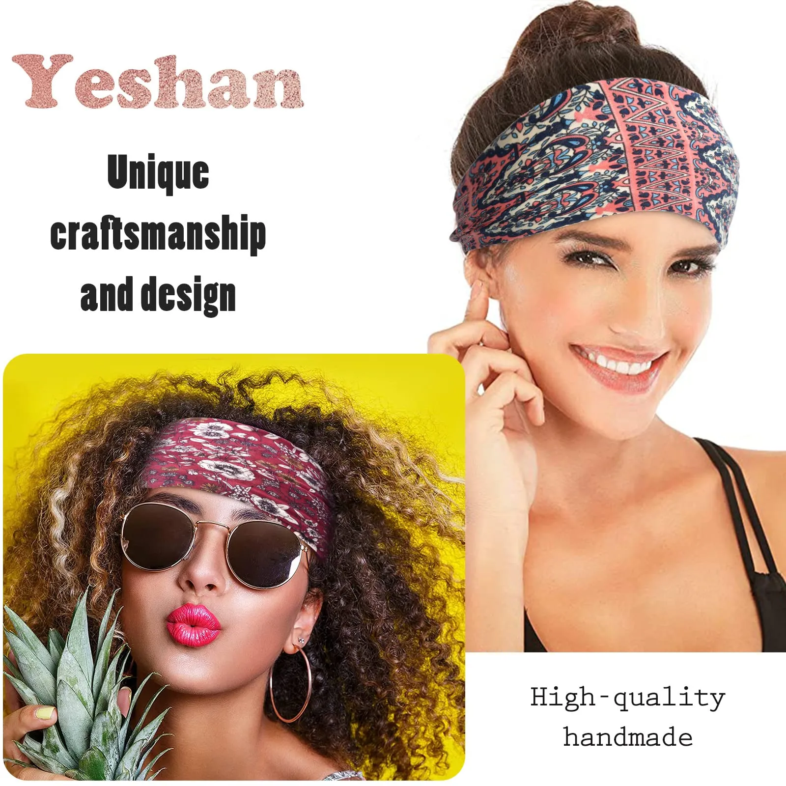 Yeshan Boho Wide Headbands for Women Thick Turban Headbands Large African Headband Sport Yoga Black Stylish Head Wraps,Pack of 6
